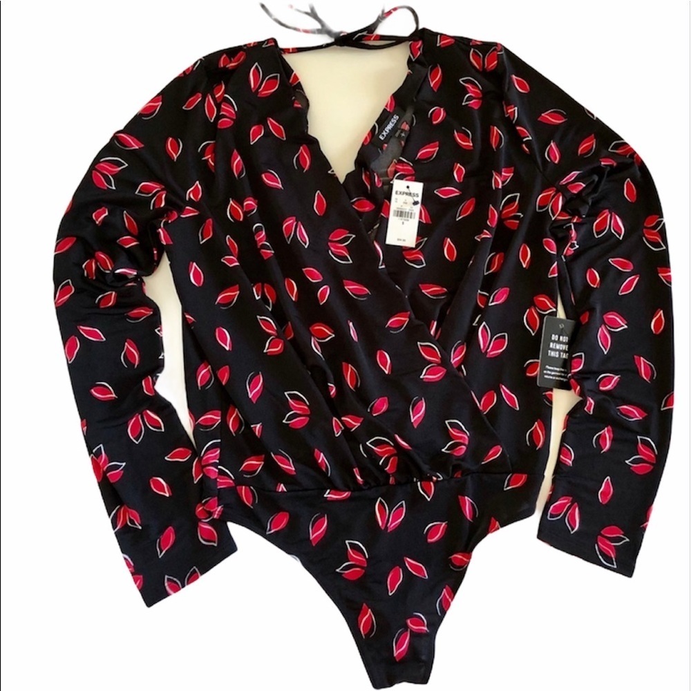 Express Black & Red Floral Deep V Neck BodySuit
